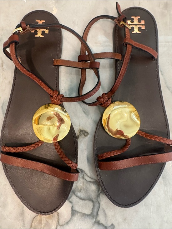 Tory Burch Shoes - Tory Burch Patos Sandal  brown leather with gold medallion Sz 10